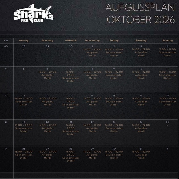 FKK Sharks / Darmstadt - Aufgussplan Oktober