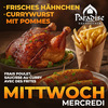 Hähnchen und Currywurst mit Pommes
