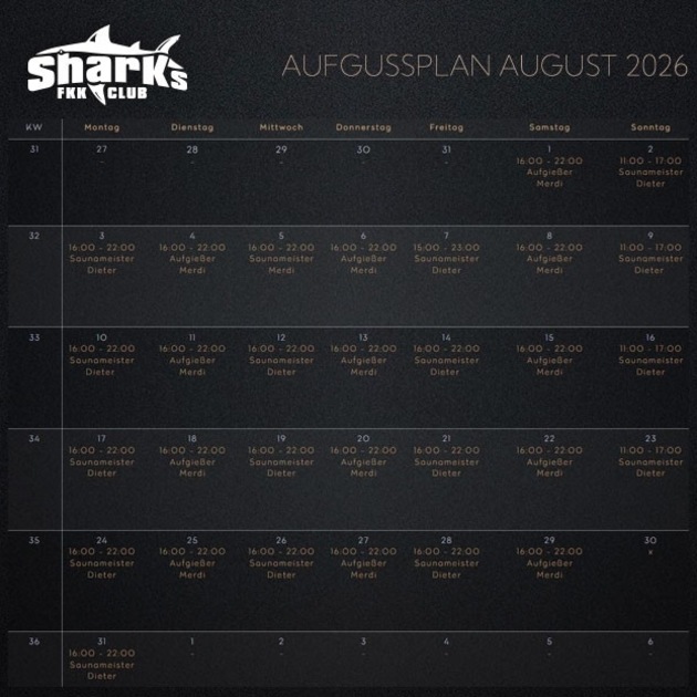 FKK Sharks / Darmstadt - Aufgussplan August
